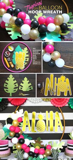 a collage of photos with pineapples, balloons and other items on it