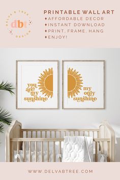 two framed art prints on the wall above a crib in a baby's room