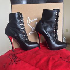 Brand New, Never Worn. Louboutin Black Leather Booties. Size 36.5. Fit More Like A 36. **Accepting Offers** Luxury Boots, Thigh Boots, Louboutin Heels, Christian Louboutin Heels, Thigh Boot, Black High Heels, Police Cars, Louboutin Shoes, Leather Booties