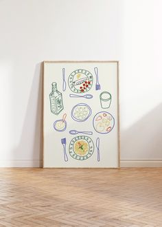 an art work with food and drinks on the table in front of a white wall