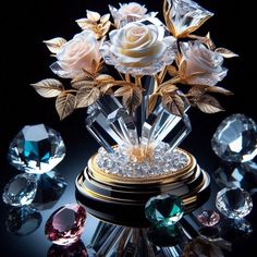 a crystal vase with roses and diamonds on it, surrounded by other glass jewels in front of a black background