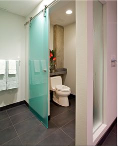 a bathroom with a toilet, shower and glass door that opens to the other side