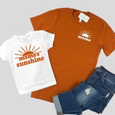 Mama and Mama's Sunshine Shirts make the cutest matching set for Moms to match with Sons or Daughters! These shirts would make the cutest Mother's Day gift!  Professionally screen printed on super soft unisex tees made of 100% ringspun cotton. Adult shirt color is Burnt Orange with white print. Kids shirt color is White with Burnt Orange print. In this listing you can purchase just 1 shirt or multiple shirts. Simply add each shirt to your cart one at a time by choosing the Design, Size, then Add Matching Mom And Son Shirts, Mom And Son Matching Shirts, Cute Cotton Shirt For Family Occasions, Cute Cotton Tops Matching Set, Cute Cotton Tops With Matching Set, White Matching Set Tops, Summer Matching Custom Print Tops, Summer Matching Tops With Name Print, Matching Funny Print Summer Tops