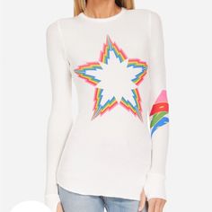 New With Tags Size Medium Rainbow Star On The Front Casual Long Sleeve Star Print Tops, Fitted Long Sleeve Tops With Star Print, Trendy Spring Star Print Top, Trendy Spring Top With Star Print, White Star Print Crew Neck Top, White Crew Neck Top With Star Print, Trendy White Tops With Star Print, Casual Multicolor Star Print Top, Casual Multicolor Tops With Star Print