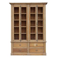 an old wooden cabinet with glass doors on the front and bottom shelves, isolated against a white background