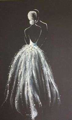 a drawing of a woman in a white dress on a black background with silver glitters