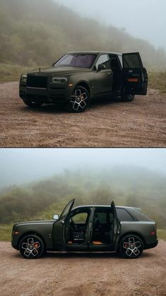 two pictures of a truck with the door open on dirt road next to grass and trees