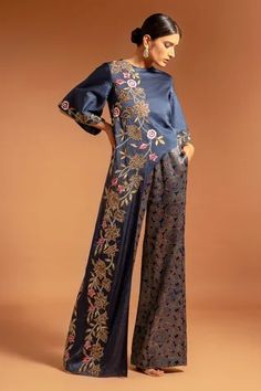 Shop for Sejal Kamdar Blue Pure Satin Crepe Flower Embroidered And Ajrak Print Jumpsuit for Women Online at Aza Fashions Embroidery Jumpsuit, Ajrak Print, Embroidered Jumpsuit, Jumpsuit For Women, Angel Sleeves, Flare Jumpsuit, Designer Jumpsuits, Print Jumpsuit, Designer Dresses Casual