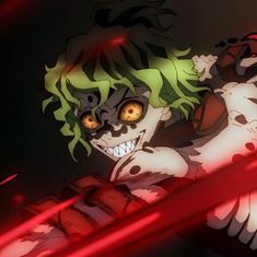 an anime character with green hair and yellow eyes holding a red light saber in her hand