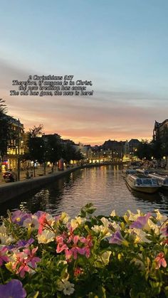 boats are parked along the side of a river at dusk with a quote above them