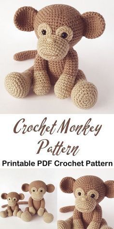 the crochet monkey pattern is shown in three different sizes and patterns, including one for