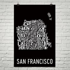 a black and white poster with the words san francisco written in different languages on it