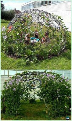 two pictures of an outdoor garden with flowers and plants in it, one is made out of metal