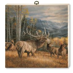 a painting of elk and their young in the woods with mountains in the back ground