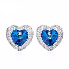 Davena Elegant Blue Rhinestone Stud Earrings Heart Of The Ocean, Romantic Gifts For Wife, Ocean Earrings, Ocean Heart, Blue Stud Earrings, Swarovski Heart, London Gifts, Keep It Clean, High Fashion Jewelry