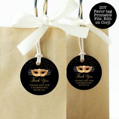 two brown paper bags with white ribbons tied to them, one has a mask on it