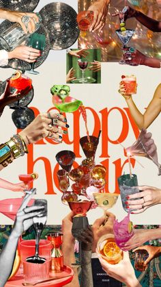 a collage of people holding up glasses and champagnes in front of a happy hour sign