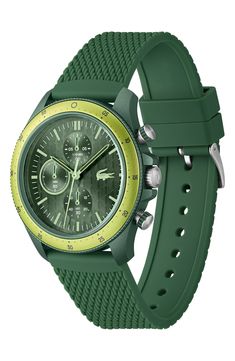 A tachymeter bezel and a trio of subdials elevate your time-tracking experience in this sporty, everyday watch marked with a signature croc at three o'clock. 43mm case Buckle closure Three-hand quartz movement Screw-in caseback Stainless steel/silicone Imported Green Dial Watch, Everyday Watch, Green Watch, Three Hands, Lacoste Men, Mesh Bracelet, Mens Green, Green Man, Black Watch