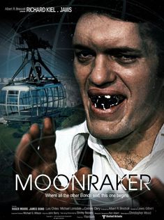 the movie poster for moonraker features a man with his mouth wide open and an electric cable car in the background