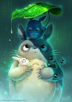 two cartoon characters are hugging under an umbrella in the rain, one is holding a baby rabbit