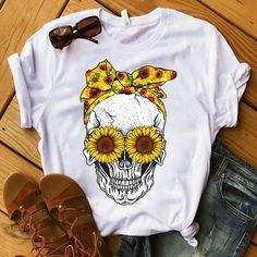 Lover Sunflower Lover Sukull T -Shirt ZNF08 Skull Funny, Mode Hippie, Summer T Shirts, Cut Clothes, T Shirt Painting, Funny Prints, Skull Tshirt, Pattern Mixing, Casual Girl