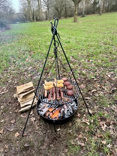 an outdoor grill with hot dogs, hamburgers and sausages cooking on it in the grass