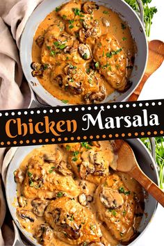 chicken marsala with mushrooms and parsley in a skillet