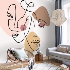 a living room scene with focus on the face of a woman's head wall mural