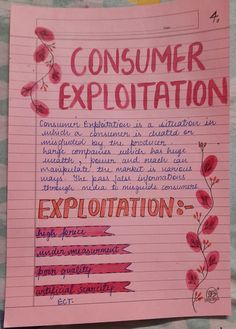 a pink piece of paper with writing on it that says consumer expotion and explotation