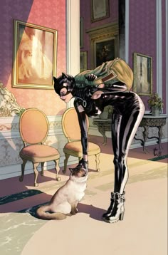 a woman in black catsuit standing next to a cat