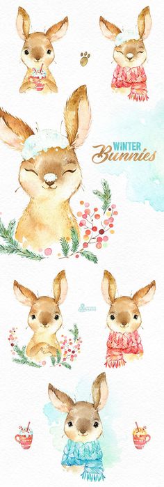 some watercolor drawings of rabbits and flowers