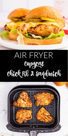 an air fryer with chicken on the side and another image of burgers in the background