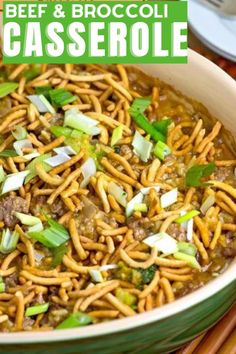 beef and broccoli casserole in a green bowl with chopsticks