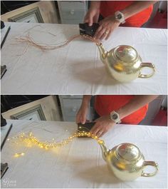 two pictures of a person pouring tea from a kettle into a cup with fairy lights on the side