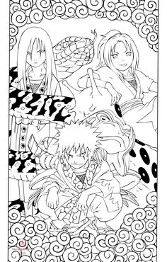 an image of anime characters in black and white coloring book page with swirly background