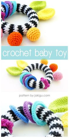 the crochet baby toy is made with different colors and sizes of yarns