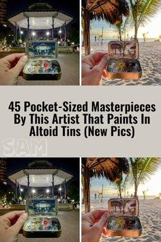 four photos with the words pocket - sized masterpieces by artist that paints in altoid tins new pics