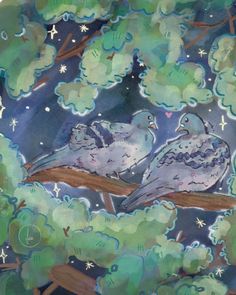 two birds sitting on top of a tree branch under the stars and moon filled sky