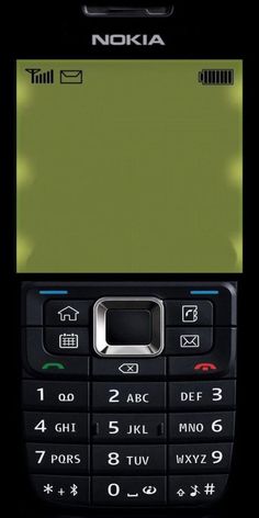 an old nokia cell phone with green screen and buttons on the front, black background