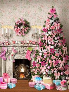 a decorated christmas tree sitting next to a fireplace in a living room filled with presents