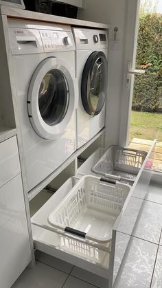 a washer and dryer sitting in a room next to each other on the floor