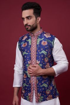 Midnight Blue Dupion Digital Printed Bundi Jacket Design by Siddhartha Bansal Men at Pernia's Pop Up Shop 2023 Print And Embroidery, Dash And Dot