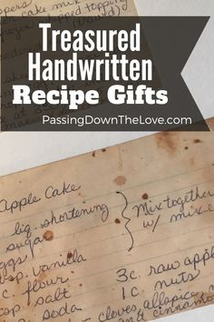 an old recipe book with writing on it and the words, awesome handwritten recipe gifts