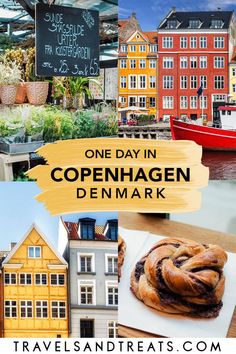 the collage shows different types of buildings and boats with text overlay that reads one day in copenhagen denmark