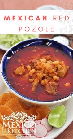 mexican red pozole with tortilla chips on the side