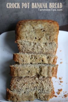 three slices of crock pot banana bread on a white plate with text overlay