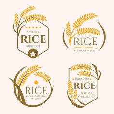 four logos for rice products with wheat stalks and stars on white background stock photo - budget conscious