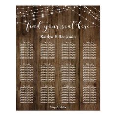 the rustic wood and string lights seating chart is displayed on top of a wooden table