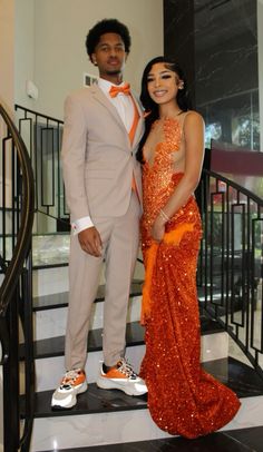 Prom Orange, Burnt Orange Prom Dress Black Couple, Orange Prom Suits For Black Men, Prom Couples Outfits Orange, Tan Prom Suits, Prom Matching Couples, Matching Outfits For Couples Formal, Prom Inspo Couples