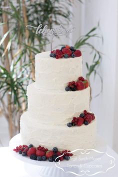 a three tiered cake with berries and blueberries on top is sitting on a white plate